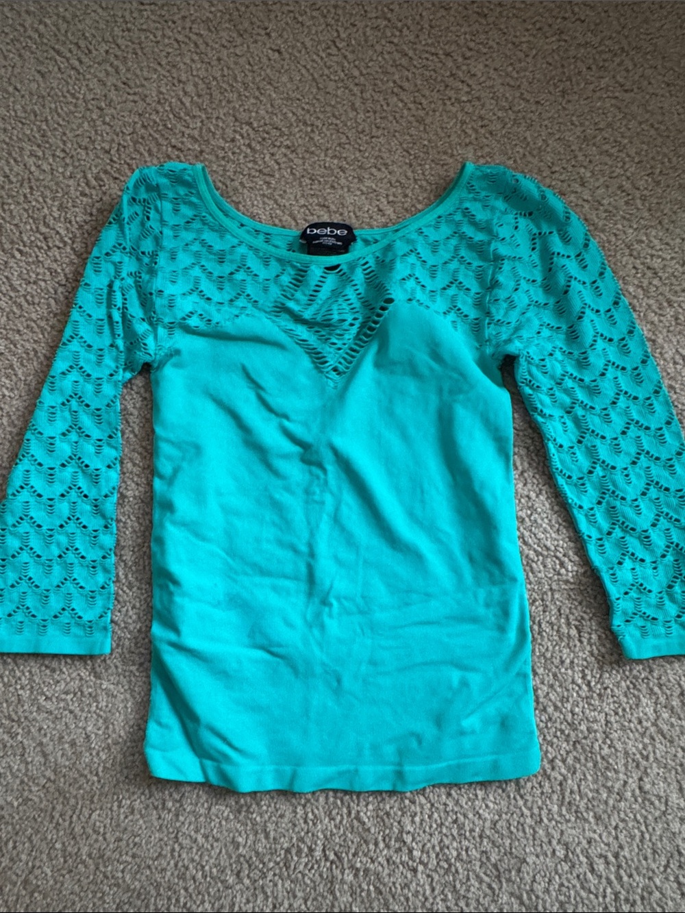 bebe Teal Lace-Inset Scoop Neck Long Sleeve Top